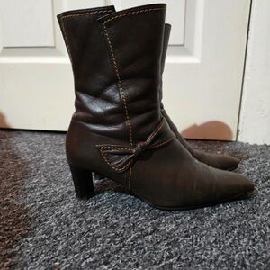 Gabor Dark Brown Heeled Boots with Bow Accent